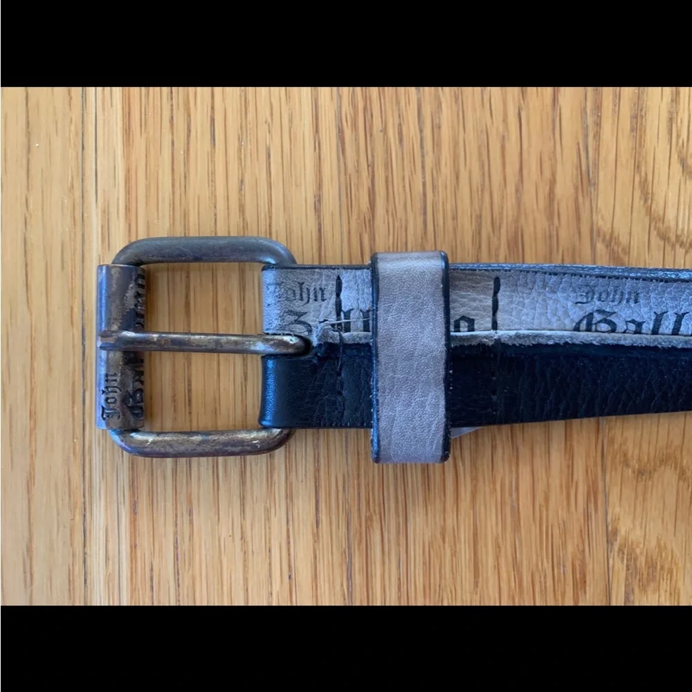 John Galliano Lot 2 Black Cow Leather Strap Belt Logo Buckle Adjusted Sz II III